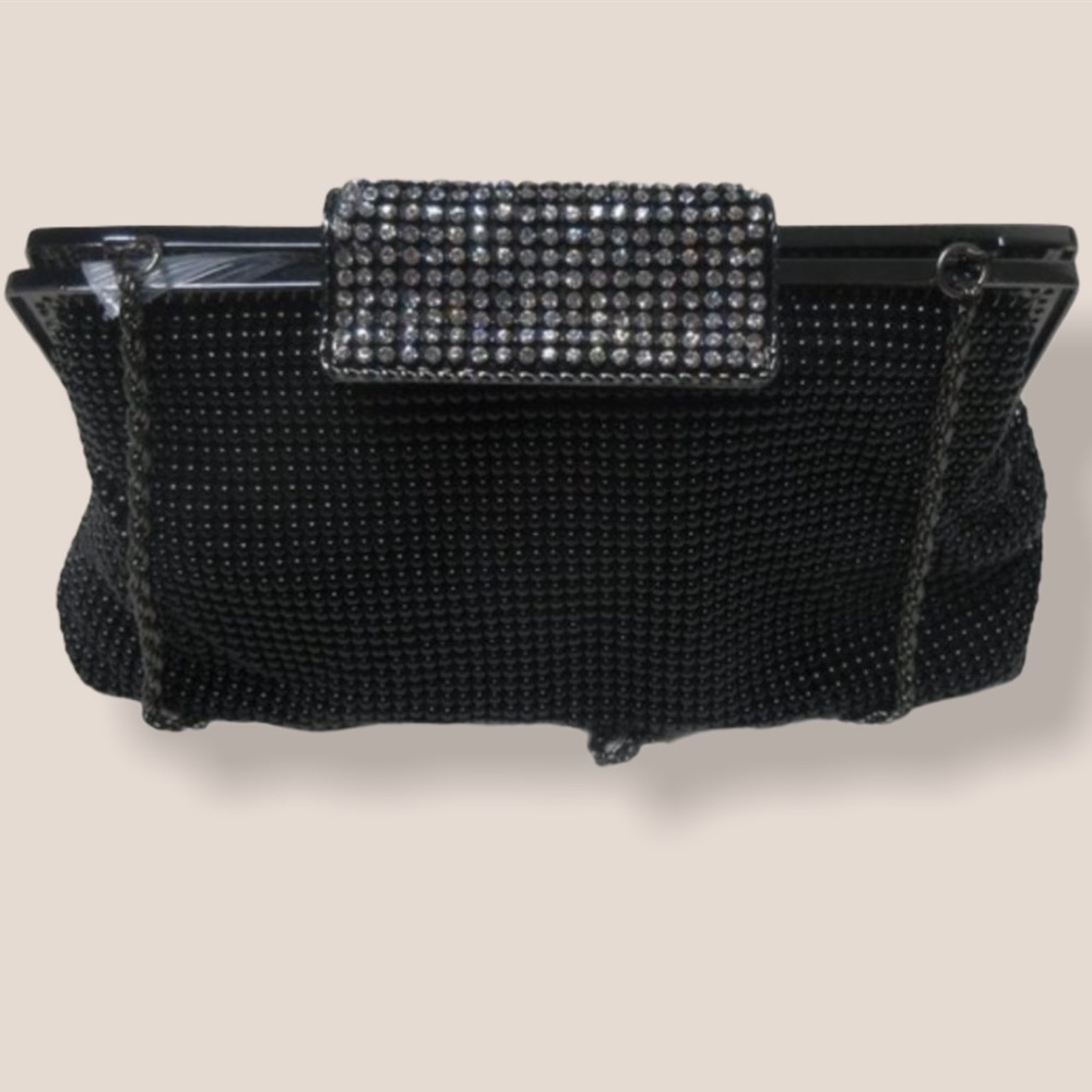 Whiting & Davis Black Mesh Evening Clutch with Rhinestone Accent